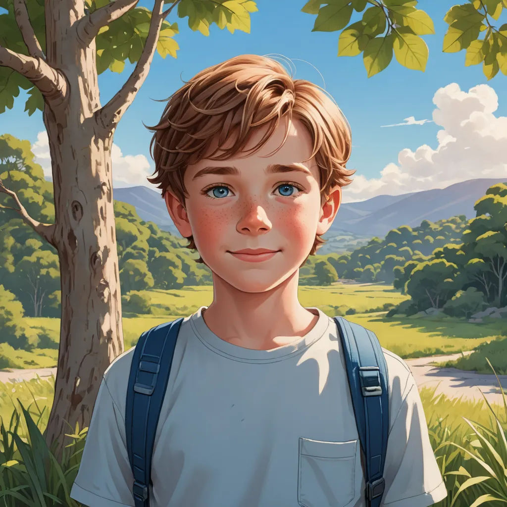 a painting of a boy with a backpack standing in front of a tree and a road in the background, american scene painting, a storybook illustration, Aaron Jasinski, rossdraws global illumination