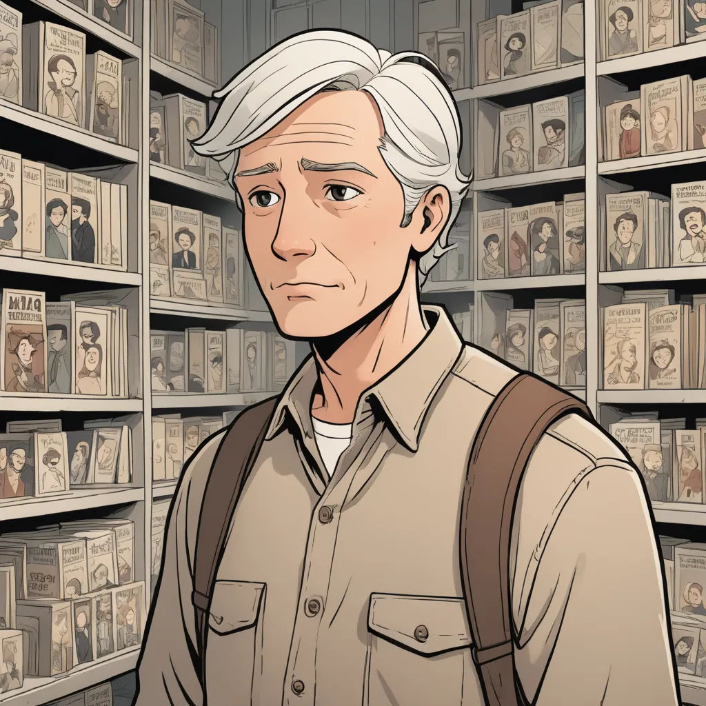a man with a backpack standing in front of a book shelf filled with books and bookshelves with faces of people, serial art, a character portrait, Anson Maddocks, graphic novel