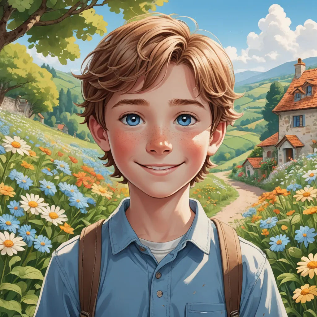a boy with a backpack standing in a field of flowers and a house in the background with a blue sky, american scene painting, a storybook illustration, Aaron Jasinski, rossdraws global illumination