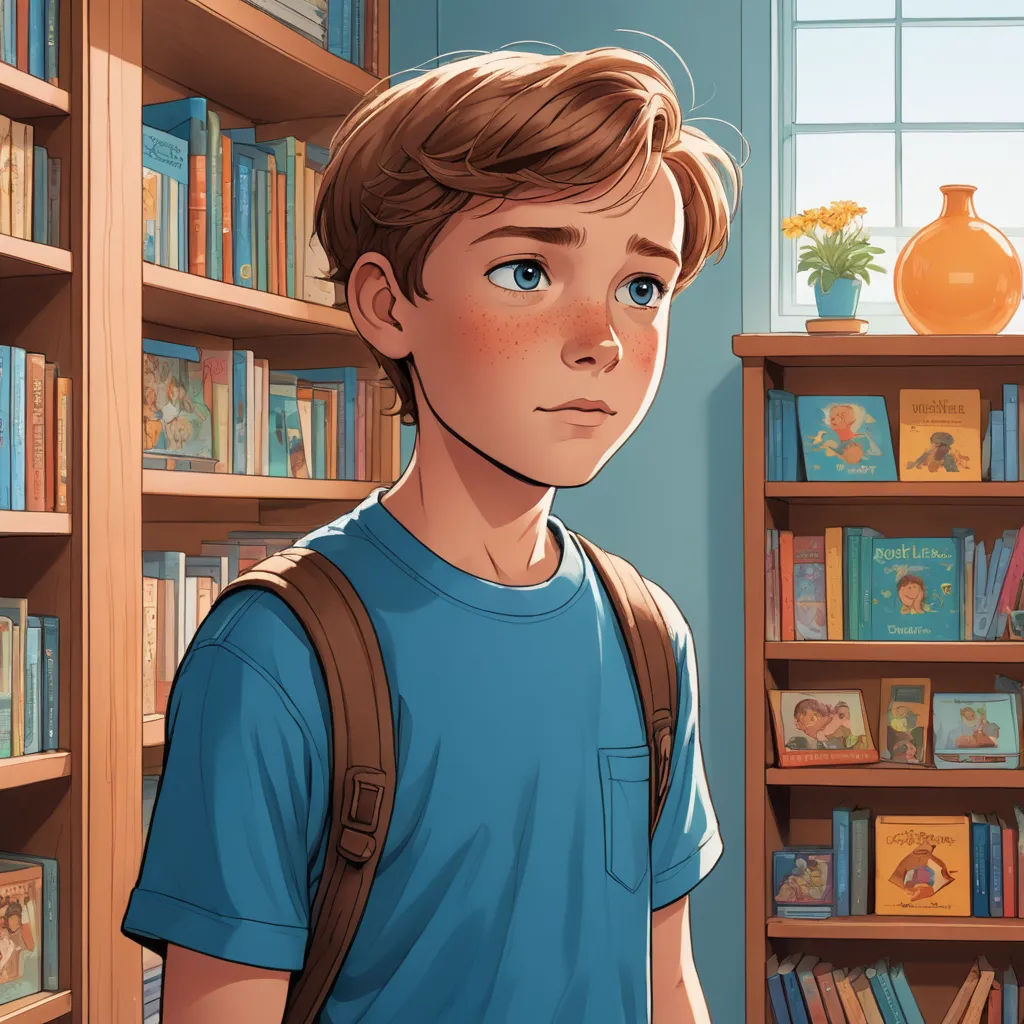 a boy in a blue shirt standing in front of a book shelf with books on it and a vase with flowers, american scene painting, a storybook illustration, Aaron Jasinski, rossdraws global illumination