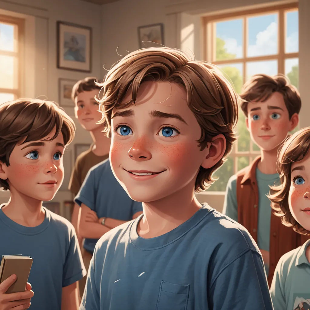 a group of children standing in a room with a cell phone in their hand and a man looking at the camera, american scene painting, a storybook illustration, Brothers Hildebrandt, rossdraws global illumination