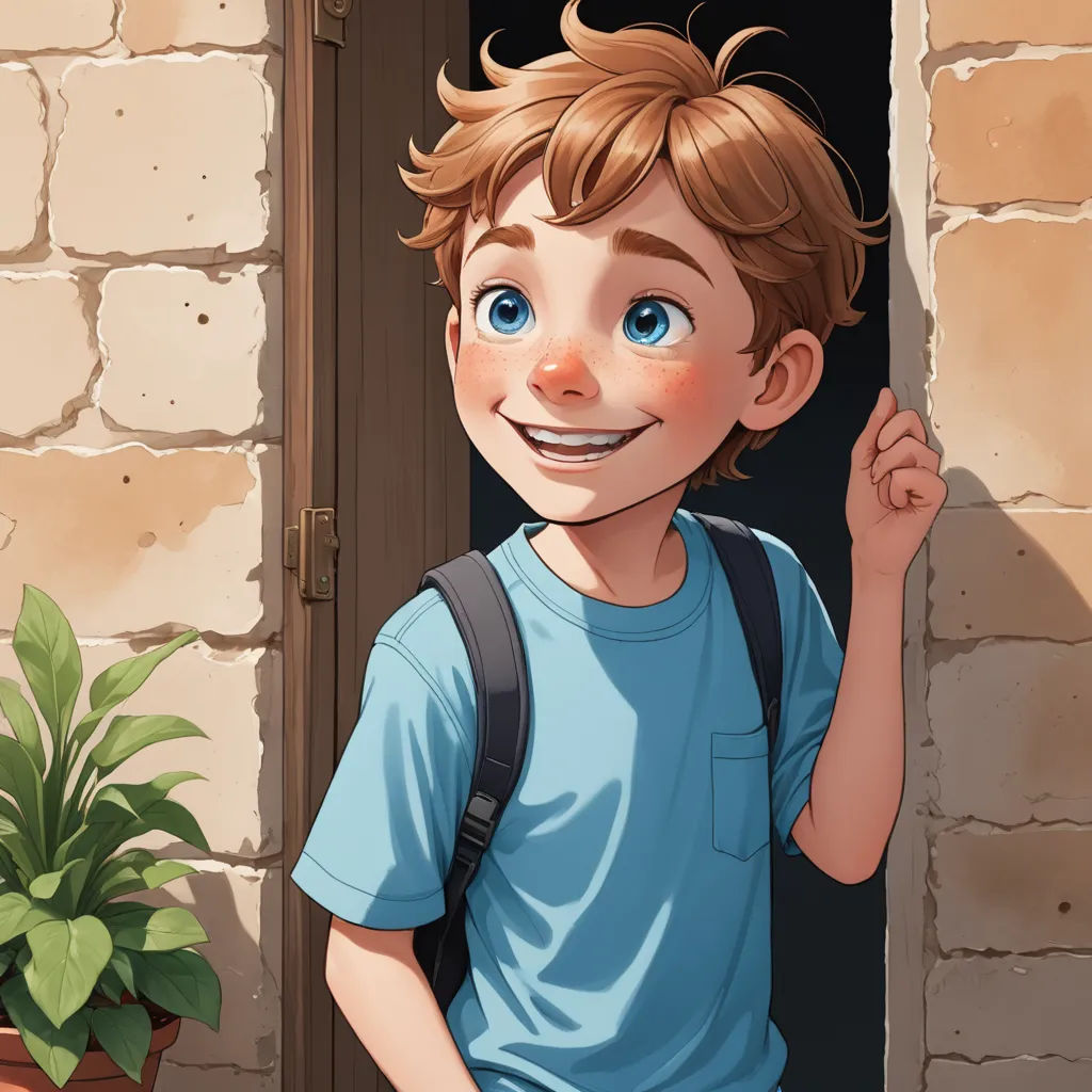a boy with a backpack is standing in front of a door and smiling at the camera with a potted plant in the background, photorealism, a storybook illustration, Diego Gisbert Llorens, storybook illustration