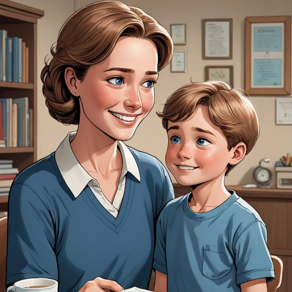 a woman and a boy are sitting at a table together and smiling at the camera, with a book in front of them, serial art, a storybook illustration, Alton Tobey, ultra realistic illustration