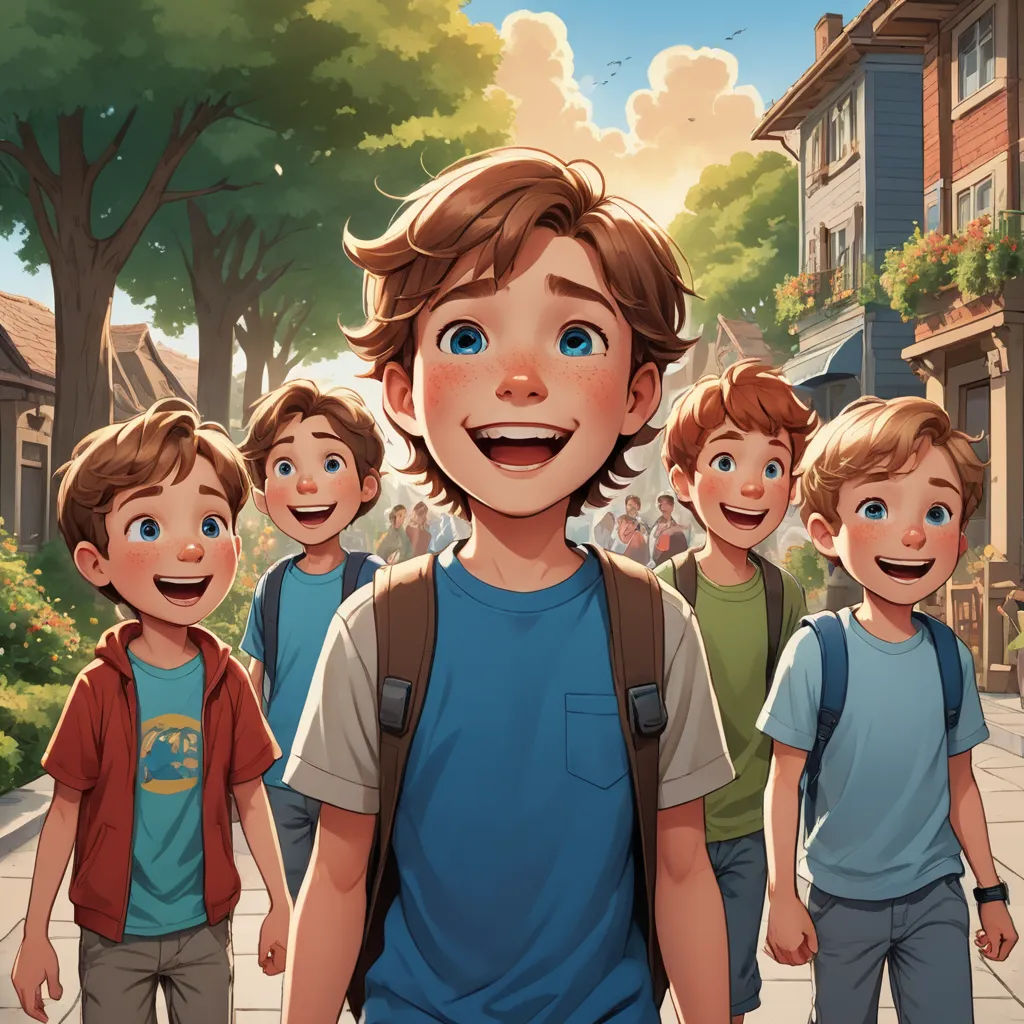 a group of young boys walking down a street next to a tree filled street with houses and a few trees, rayonism, a storybook illustration, Brothers Hildebrandt, rossdraws global illumination