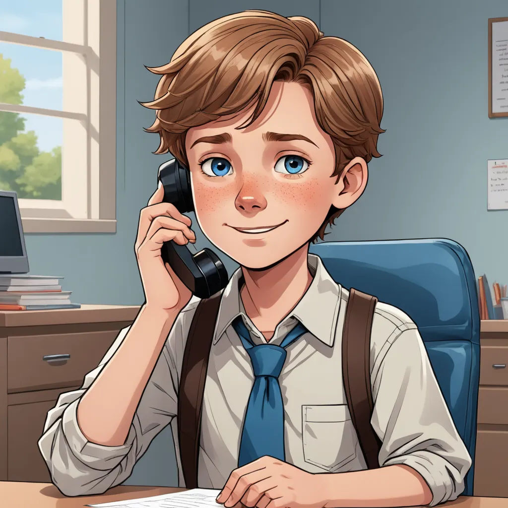a boy in a tie is sitting at a desk talking on a phone and holding a pen and paper, remodernism, a character portrait, Cedric Seaut (Keos Masons), kinkade