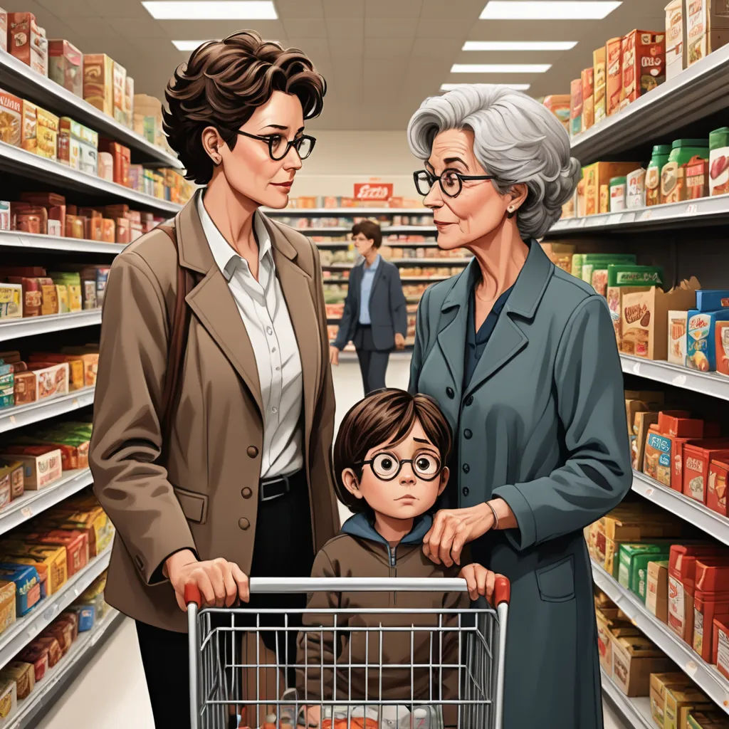 a woman and a child are standing in a grocery store with a shopping cart in front of them and a man and woman are looking at the empty shelves, serial art, a storybook illustration, F. Scott Hess, storybook illustration