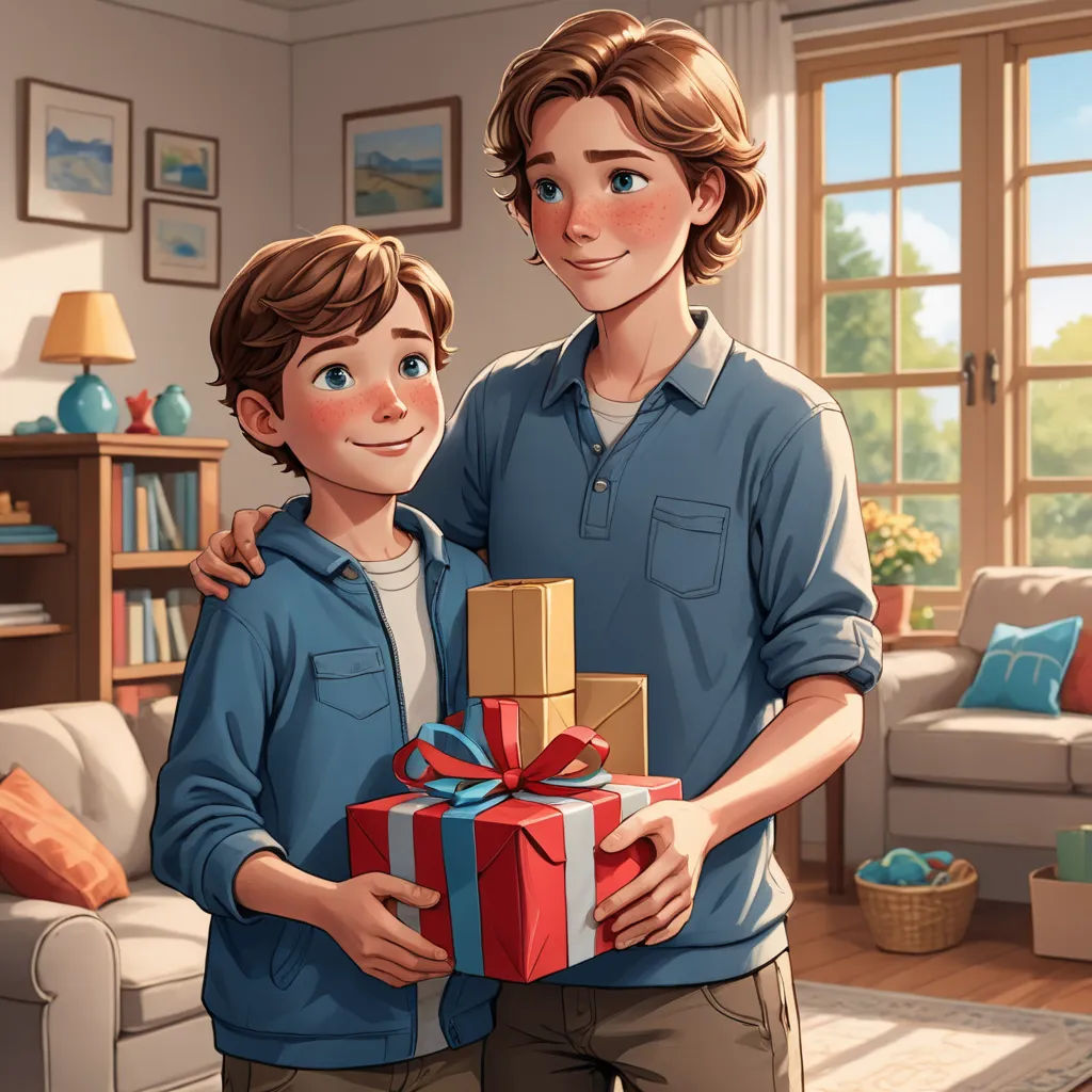 a man and a boy holding a gift in a living room with a window in the background and a couch in the foreground, sots art, a storybook illustration, Brothers Hildebrandt, official art
