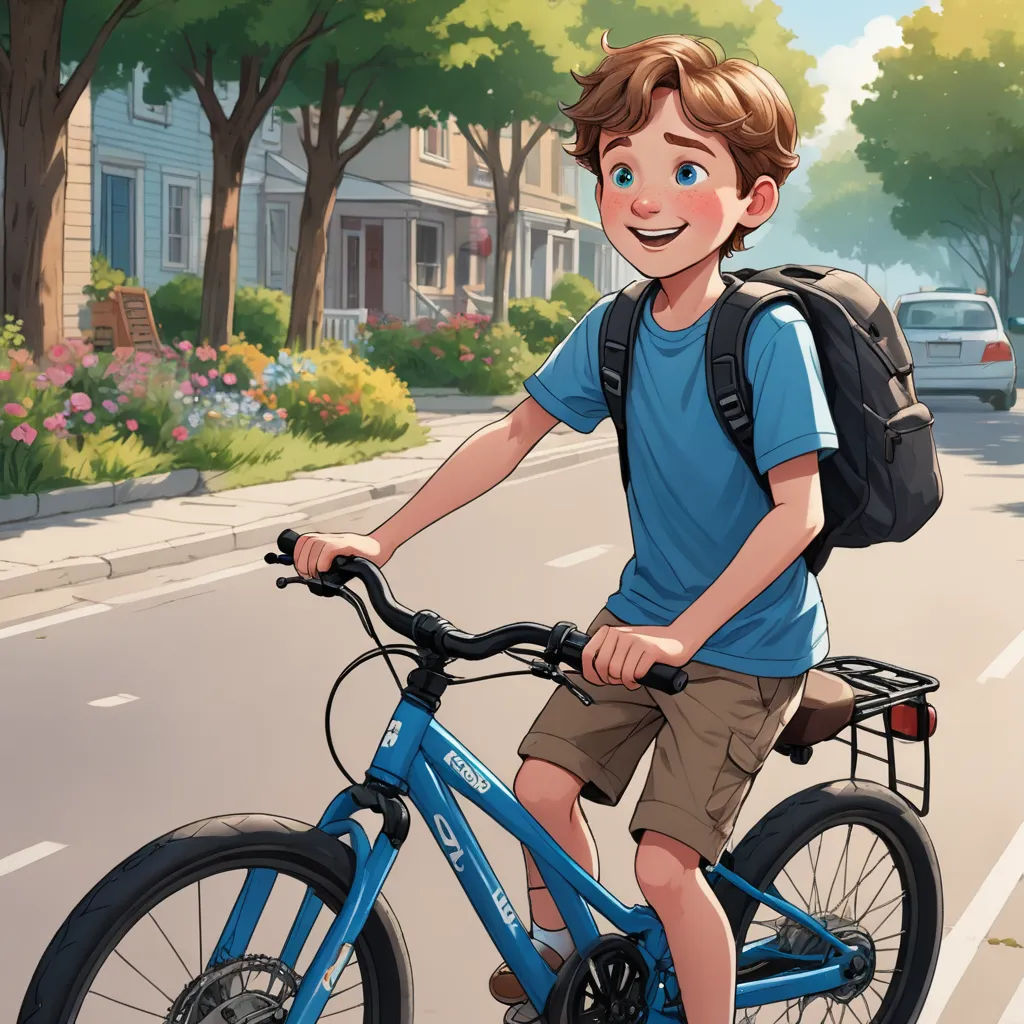 a boy riding a bike down a street with a backpack on his back and a backpack on his shoulder, american scene painting, a storybook illustration, Aaron Jasinski, official art