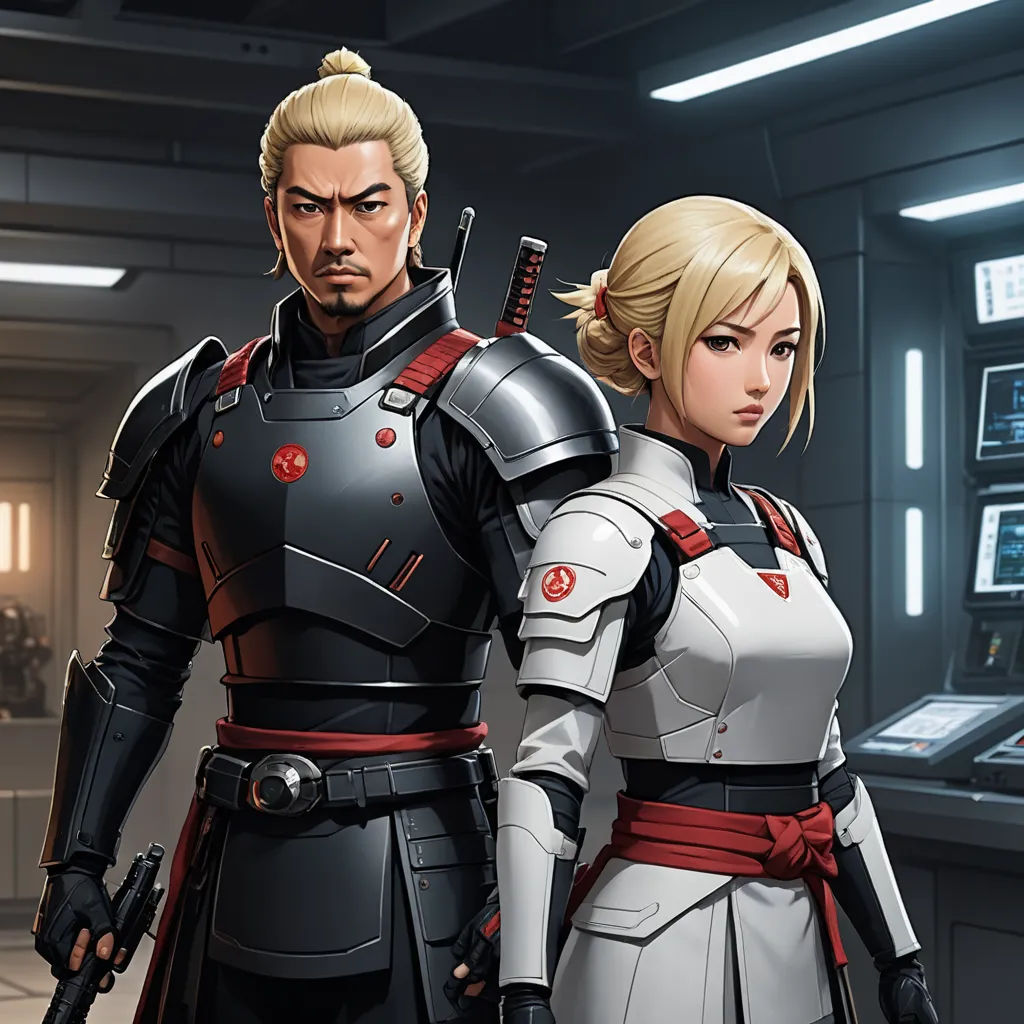 a couple of people standing next to each other in a room with a machine in the background and a man in a suit, sots art, concept art, Dai Jin, official art