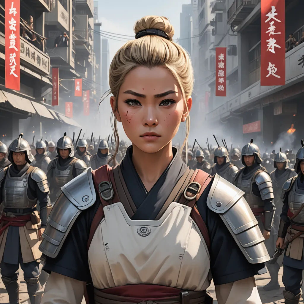 a woman in a costume standing in front of a group of people in a city street with asian characters, fantasy art, concept art, Clint Cearley, stanley artgerm lau