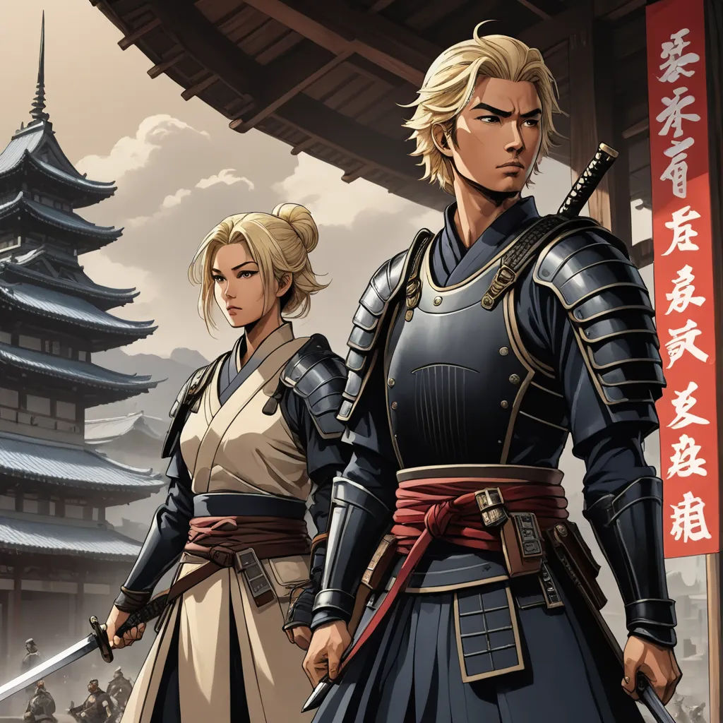 a couple of people standing next to each other in front of a building with a pagoda in the background, sots art, concept art, Baiōken Eishun, official art