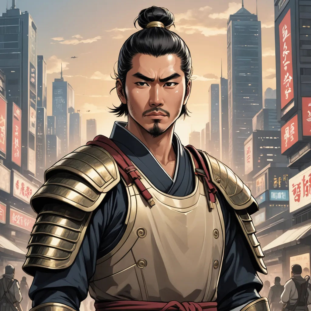 a man in a suit of armor standing in a city street with a cityscape in the background, dau-al-set, a character portrait, Dai Jin, official art
