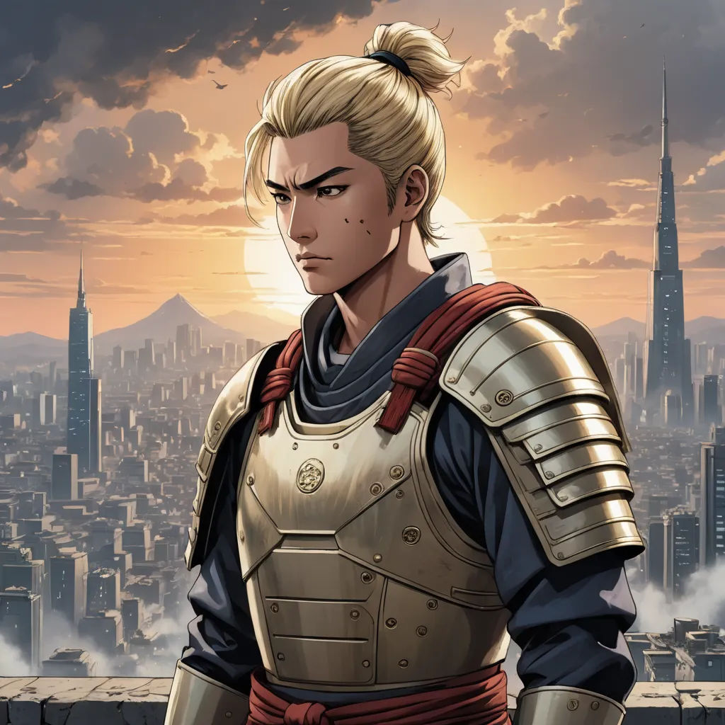 a man in armor standing in front of a cityscape with a sunset in the background and a bird flying overhead, sots art, a character portrait, Dai Jin, official art