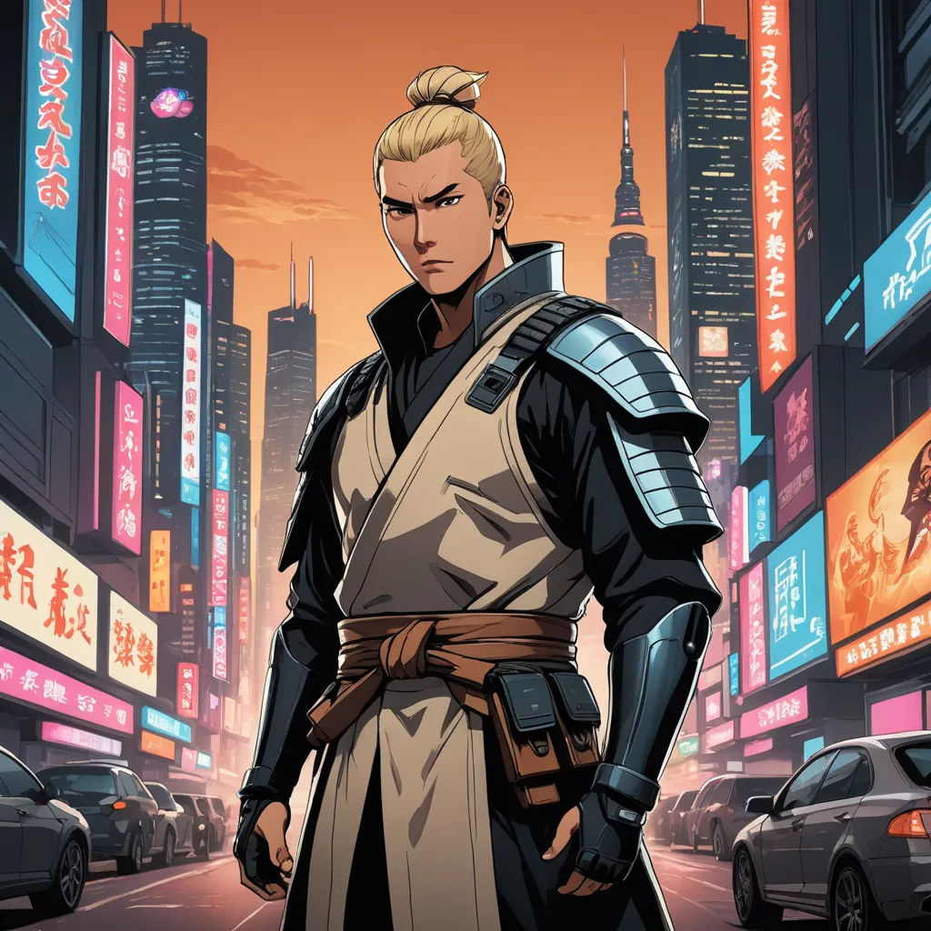 a man in a futuristic city with a sword in his hand and a cityscape in the background, sots art, a comic book panel, Dai Jin, comic cover art