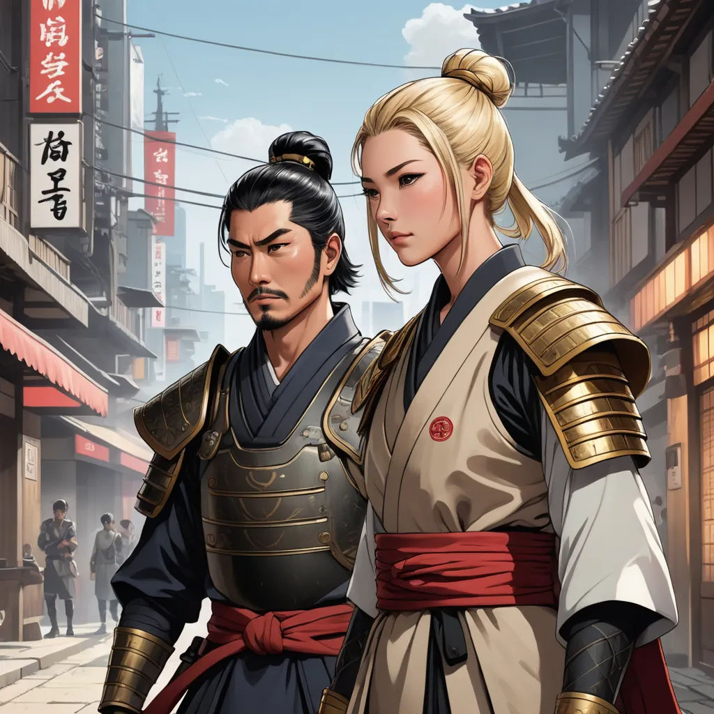 a couple of people standing next to each other on a street in front of buildings and a sign that says,, fantasy art, a comic book panel, Du Jin, official art