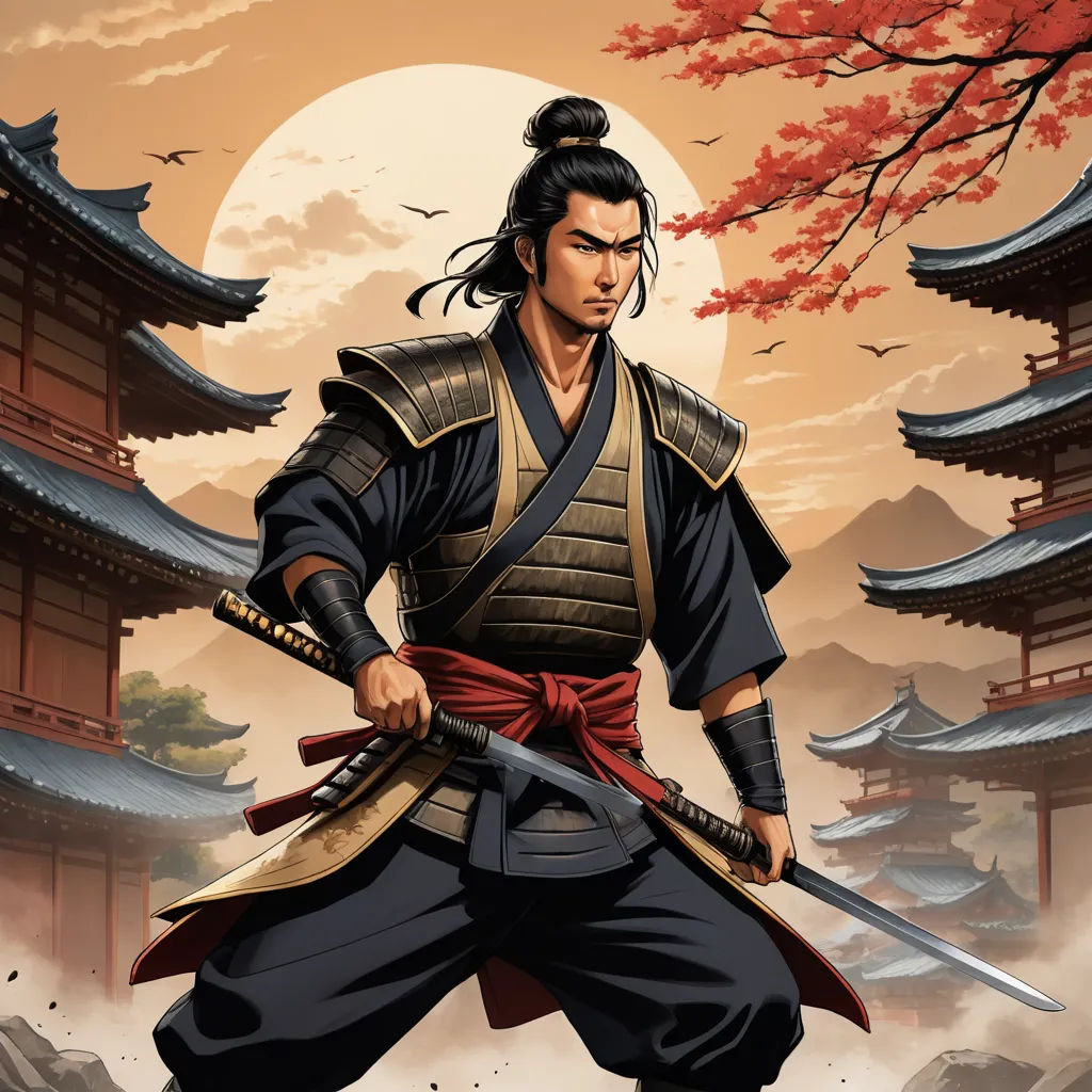 a man in a kimono holding a sword in front of a full moon and pagodas with a bird flying overhead, ukiyo-e, a comic book panel, Dai Jin, official art
