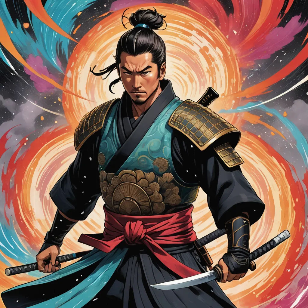 a man in a kimono holding a sword and a sword in his hand with a sun in the background, fantasy art, a comic book panel, Dai Jin, rossdraws global illumination