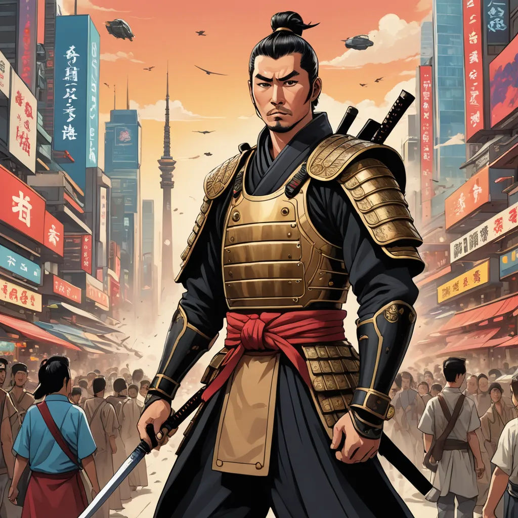 a man in a military uniform holding a sword in a city street with people walking around him and a sky background, ukiyo-e, a comic book panel, Baiōken Eishun, comic cover art