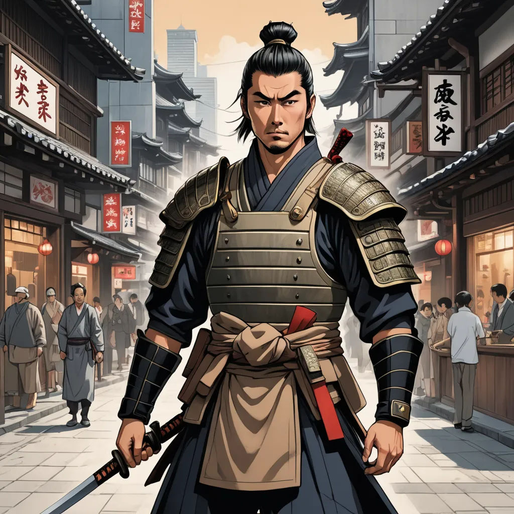 a man in a kimono holding a sword in a street with people walking by in the background and a building with asian writing, ukiyo-e, a character portrait, Baiōken Eishun, official art