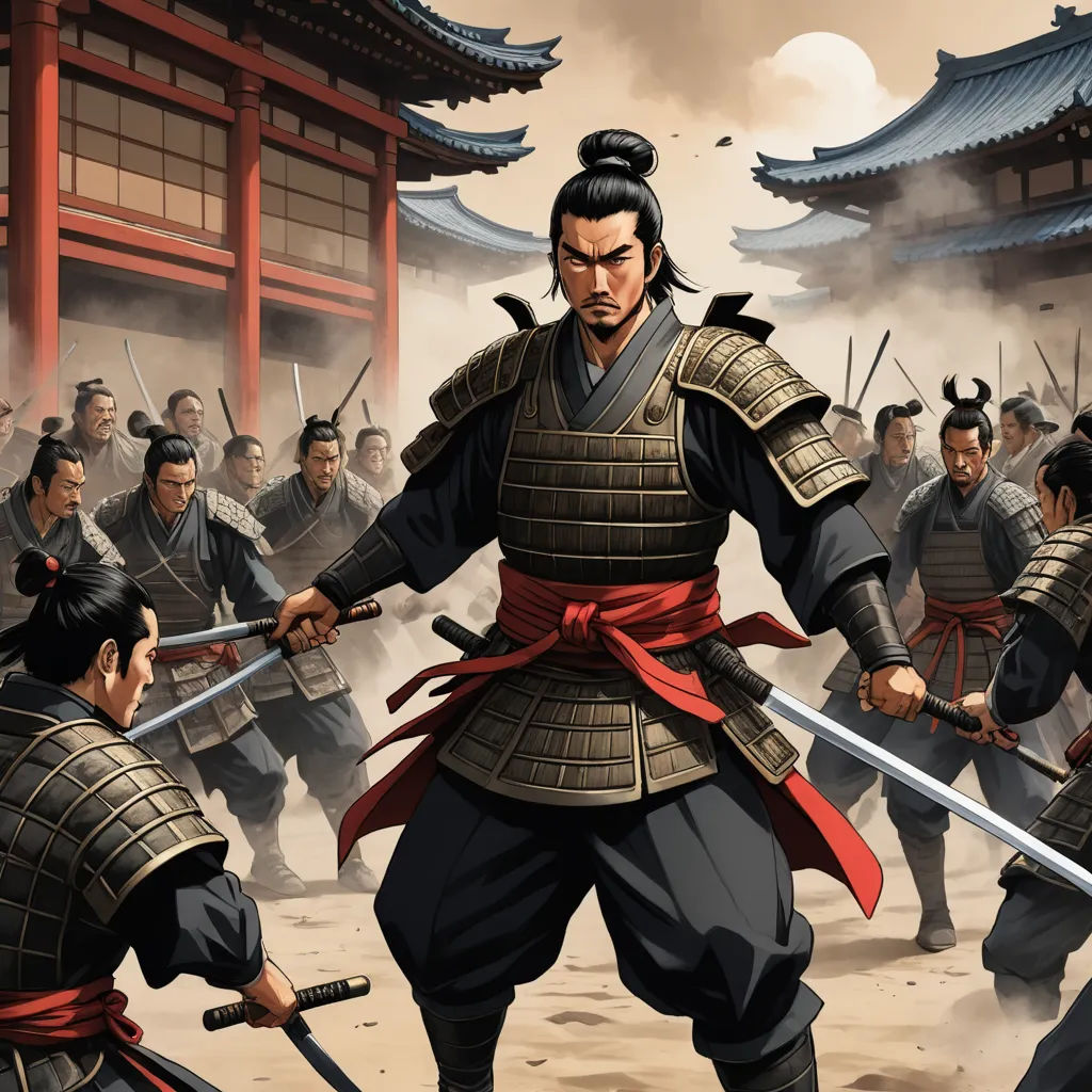 a painting of a man in a kimono holding two swords in front of a group of men in traditional chinese dress, dau-al-set, concept art, Baiōken Eishun, highly detailed digital painting