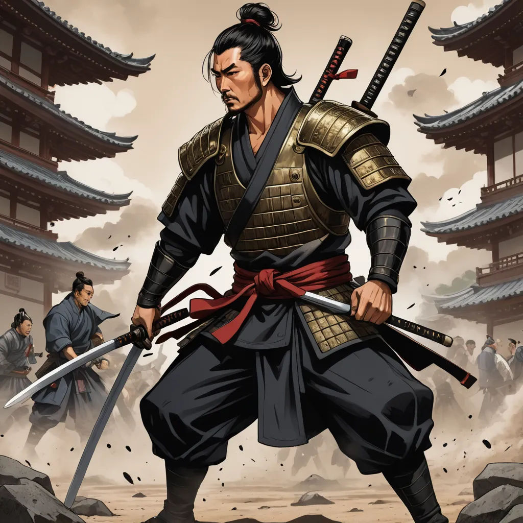 a man in a kimono holding two swords in front of a building with a sky background and a few people in the background, ukiyo-e, concept art, Baiōken Eishun, official art