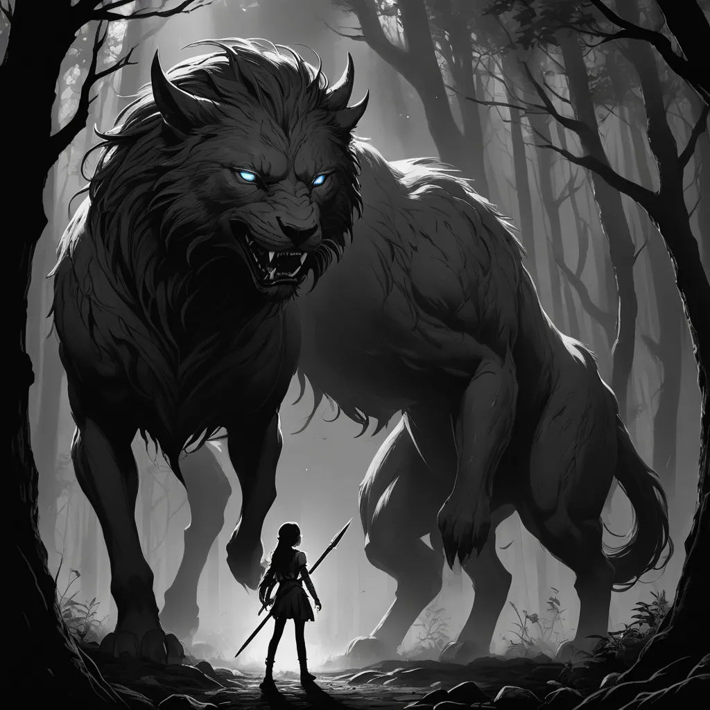 a girl standing in front of a large animal in a forest with a sword in her hand and a demon on the other side, fantasy art, a storybook illustration, Chris Rallis, comic cover art