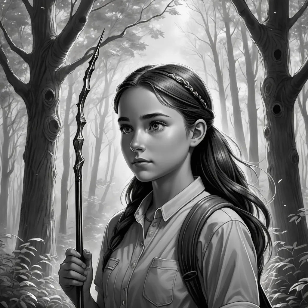 a girl holding a stick in a forest with trees and bushes behind her, in black and white, with a forest background, fantasy art, an ultrafine detailed painting, Charlie Bowater, stanley artgerm lau