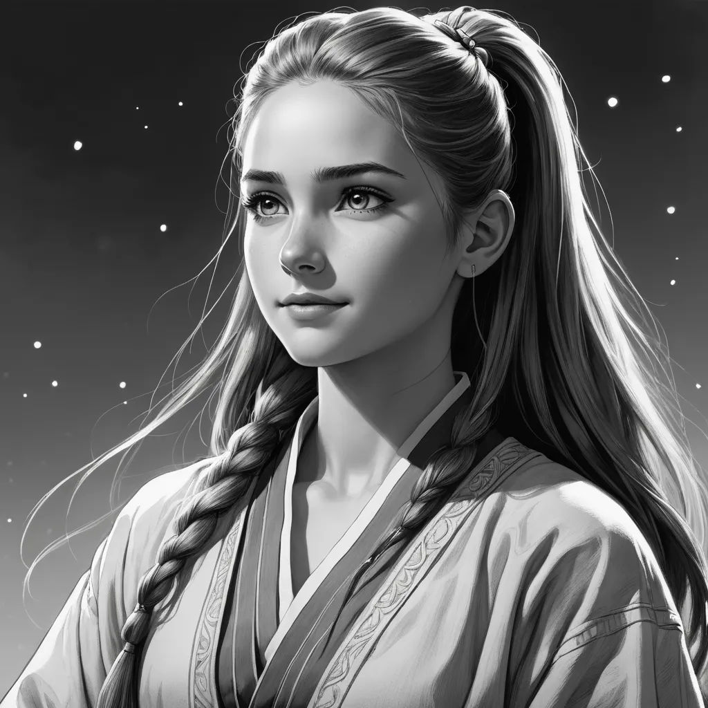 a woman with long hair and braids in a ponytail, looking at the camera with stars in the background, fantasy art, an ultrafine detailed painting, Charlie Bowater, stanley artgerm lau