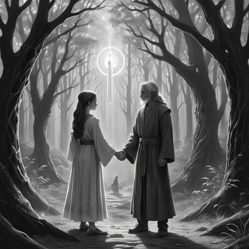 a couple of people standing in a forest holding hands and looking at each other with a light shining through the trees, fantasy art, a storybook illustration, Christophe Vacher, elden ring