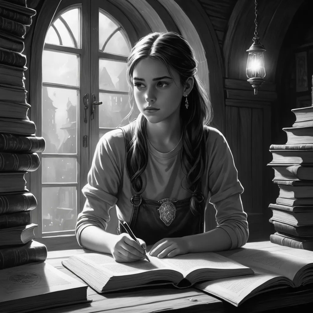 a girl sitting at a table with a book and pen in her hand and a window in the background, fantasy art, a storybook illustration, Charlie Bowater, stanley artgerm lau
