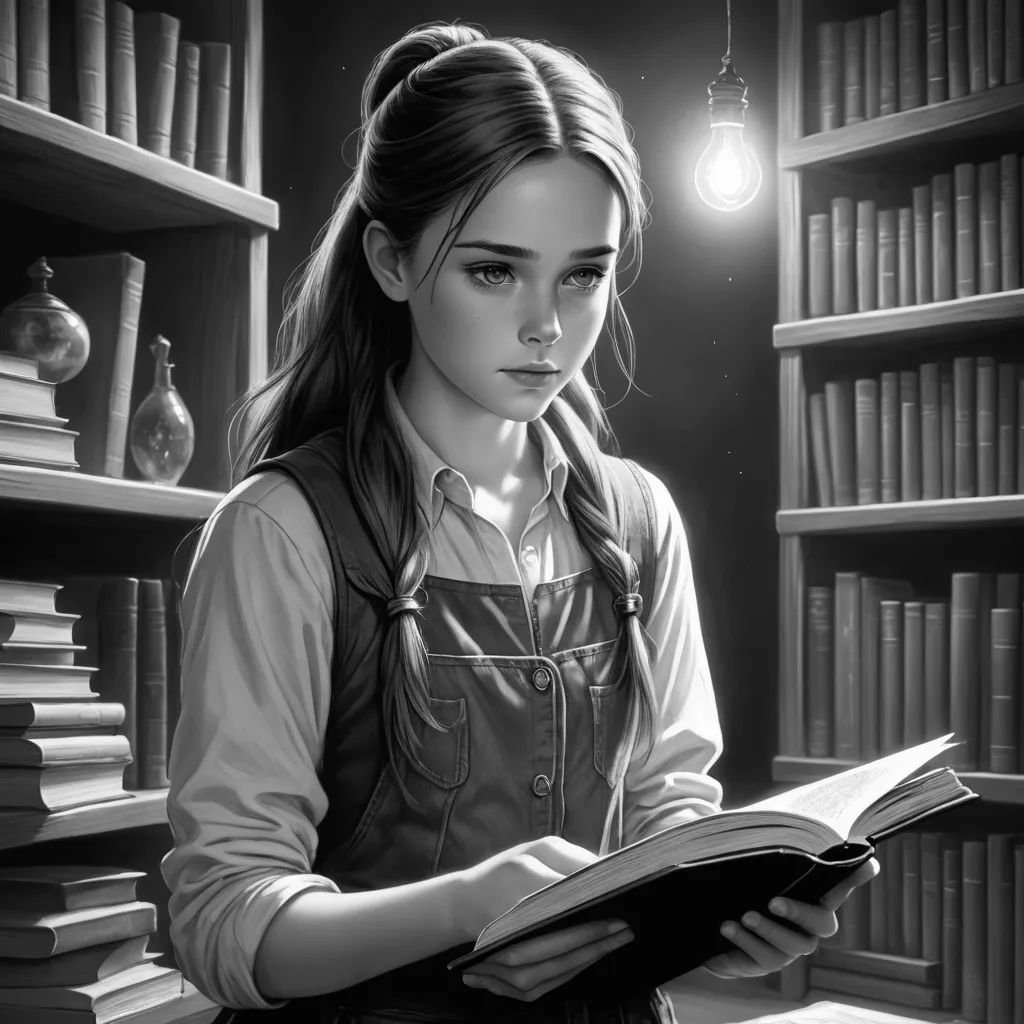 a girl reading a book in a library with bookshelves and a light bulb above her head and a lamp above her head, fantasy art, a storybook illustration, Charlie Bowater, trending on art station