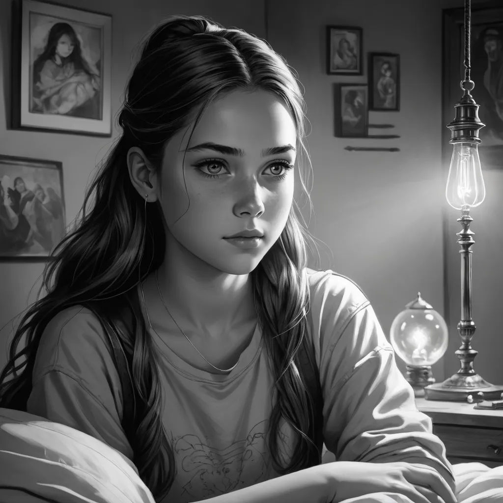 a girl sitting on a bed with a lamp in the background and a picture of a woman on the wall, fantasy art, an ultrafine detailed painting, Charlie Bowater, stanley artgerm lau