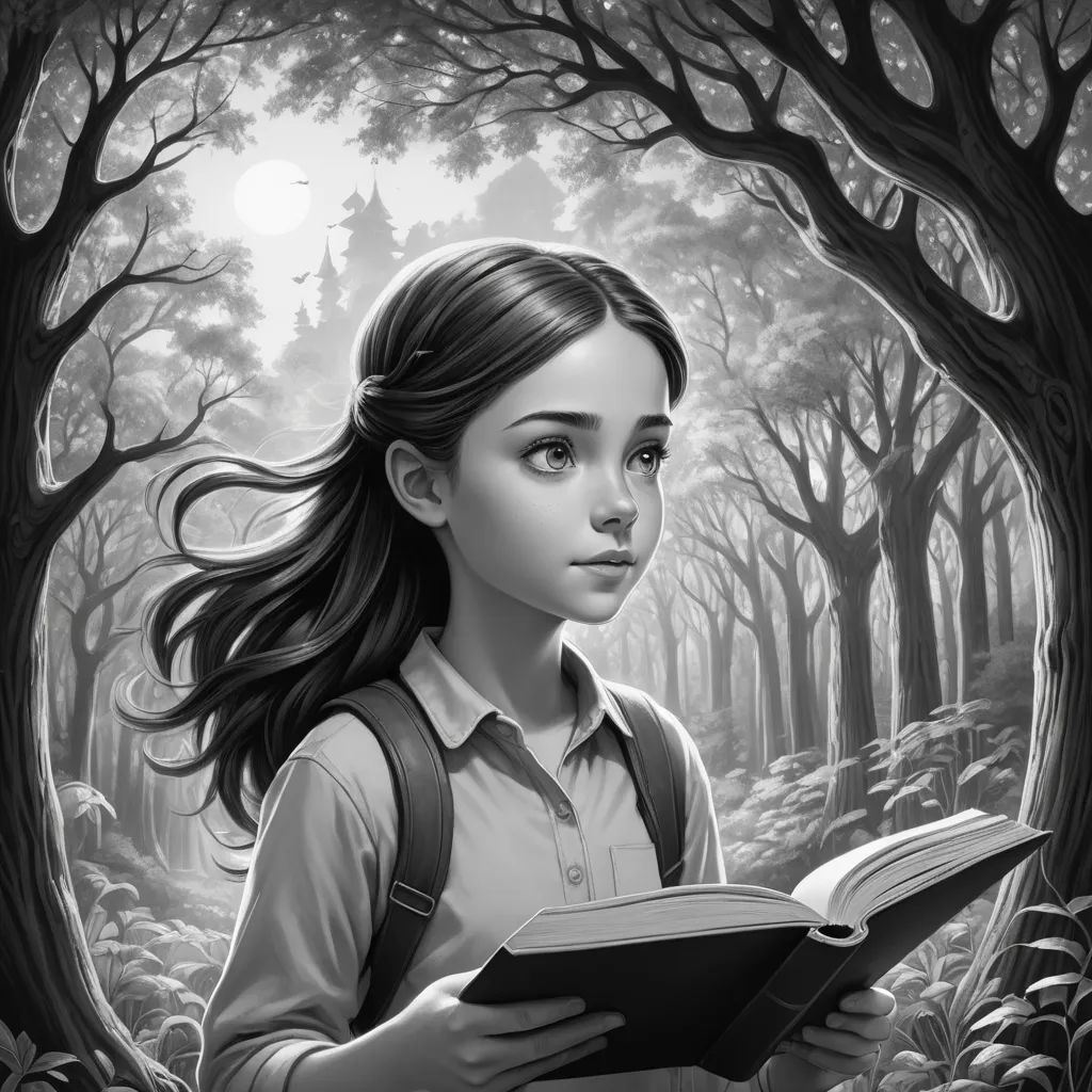 a girl reading a book in a forest with trees and grass in the background, with a full moon in the sky, magical realism, a storybook illustration, Brad Kunkle, storybook illustration