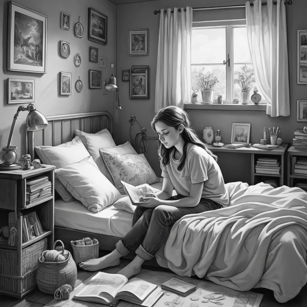 a girl sitting on a bed reading a book in a bedroom with a window and a lamp on the side, photorealism, a storybook illustration, Brad Kunkle, ultra realistic illustration
