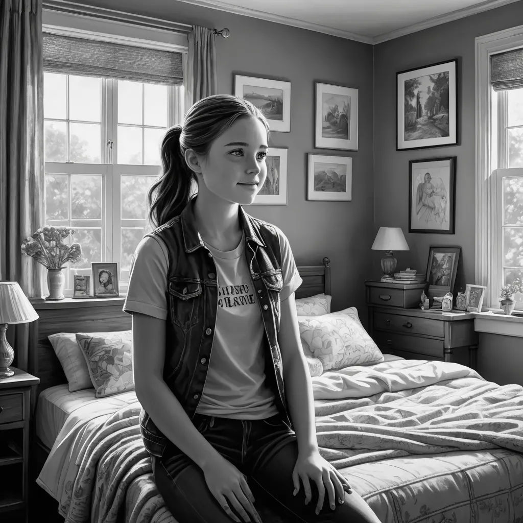 a woman sitting on a bed in a bedroom with a window and a picture on the wall above her, photorealism, a photorealistic painting, Brad Kunkle, ultra realistic illustration