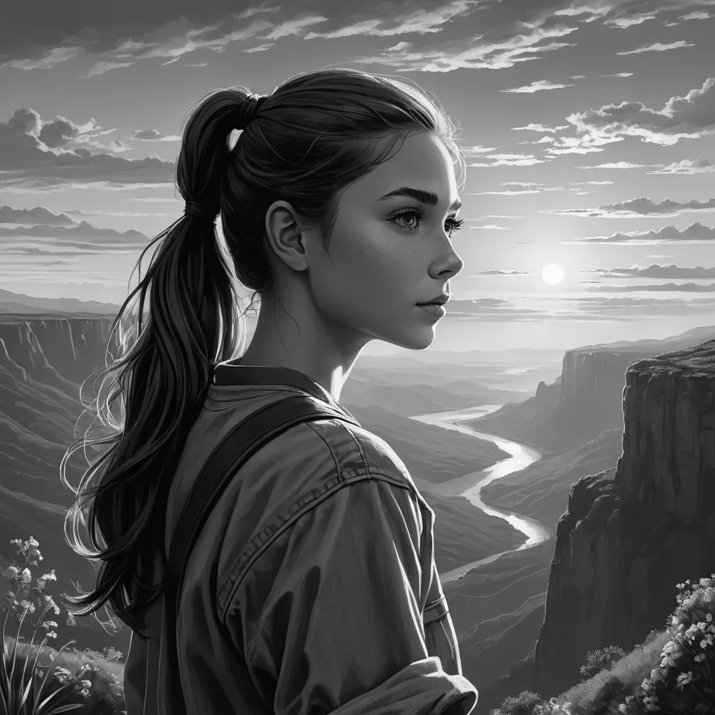 a woman standing in front of a mountain with a river flowing through it and a sun setting behind her, fantasy art, an ultrafine detailed painting, Charlie Bowater, stanley artgerm lau