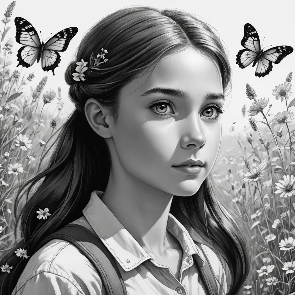 a girl with a butterfly in her hair and a butterfly in her hair, standing in a field of flowers, figurative art, an ultrafine detailed painting, Brad Kunkle, stanley artgerm lau