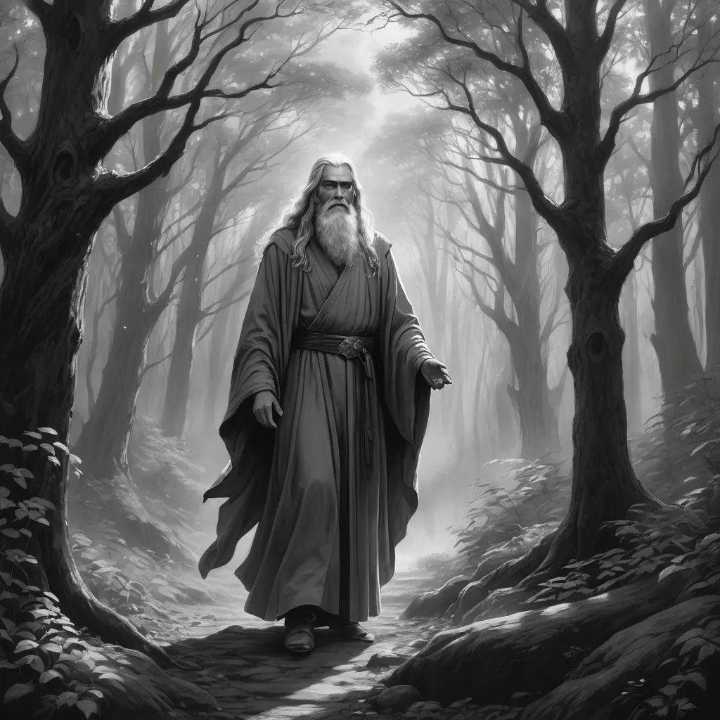 a man with a long beard and a long robe walking through a forest with trees and leaves on the ground, fantasy art, an ultrafine detailed painting, Christophe Vacher, elden ring