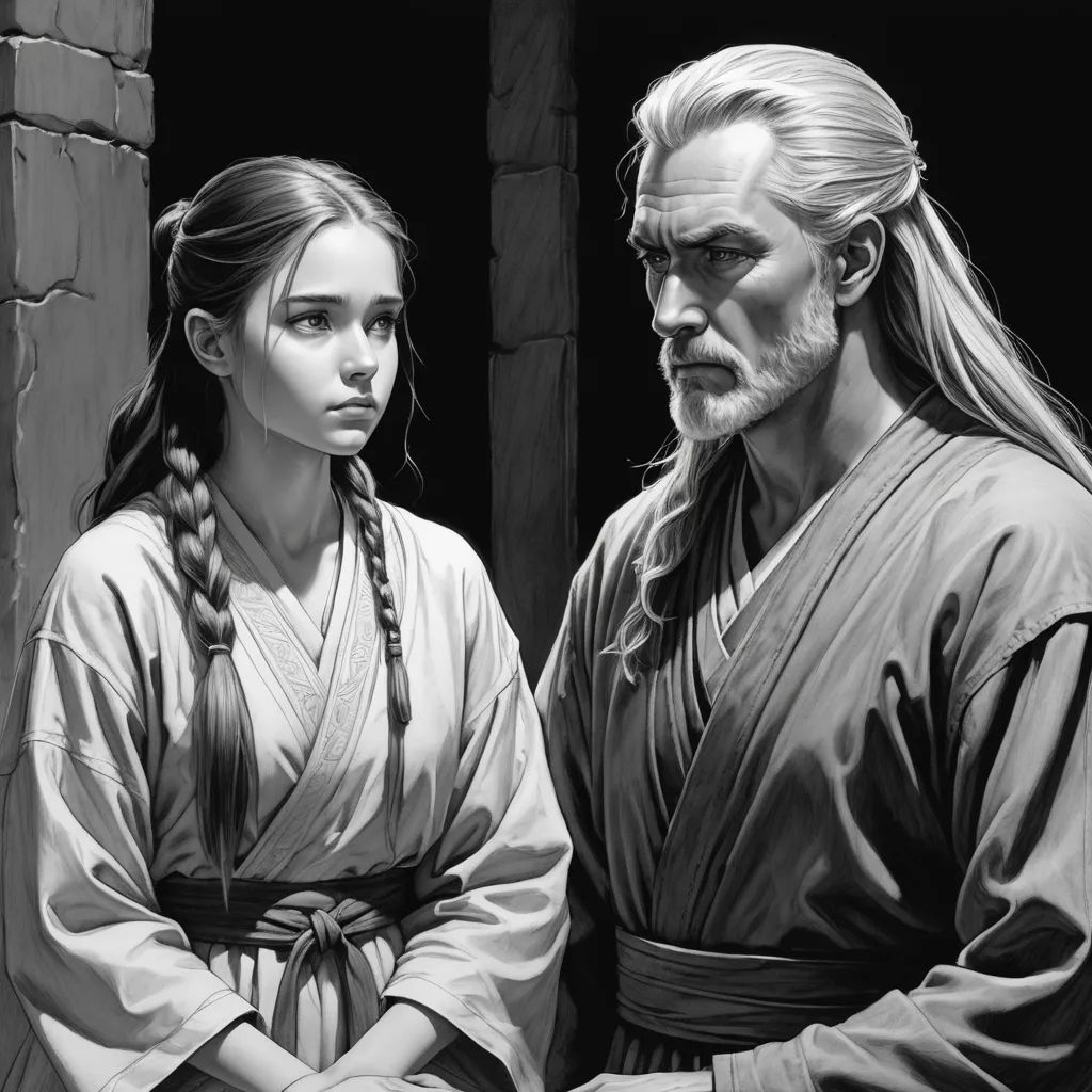 a drawing of a man and a woman standing next to each other in front of a doorway with a brick wall, fantasy art, an ultrafine detailed painting, Donato Giancola, graphic novel