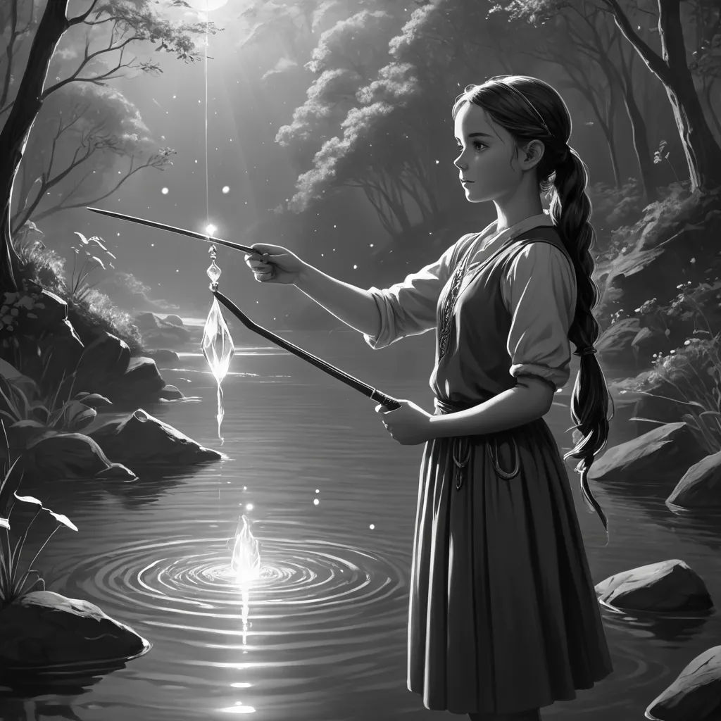 a girl holding a fishing rod in a river with a star in the sky above her head and a stream of water below, magical realism, an ultrafine detailed painting, Brad Kunkle, storybook illustration