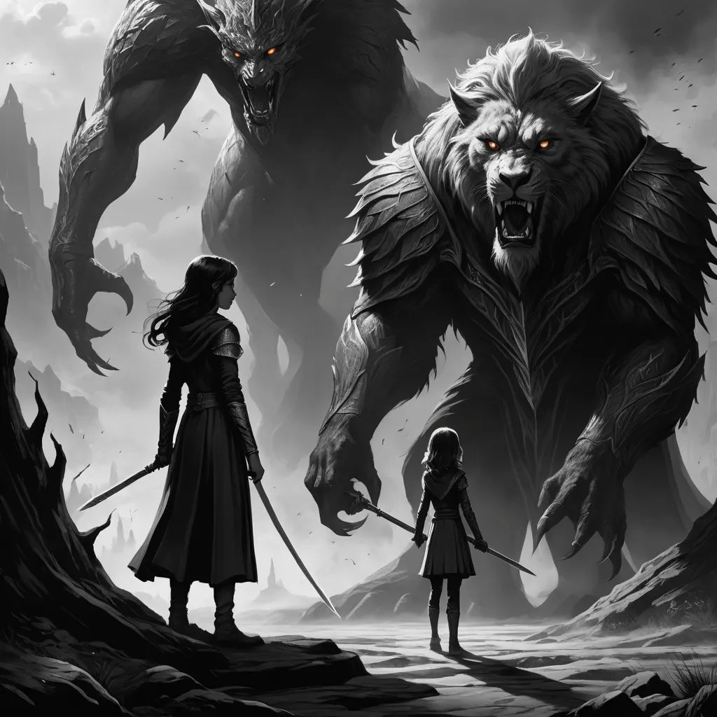 a woman standing next to a giant monster with two swords in her hand and another woman standing next to her, fantasy art, a storybook illustration, Chris Rallis, art greg rutkowski