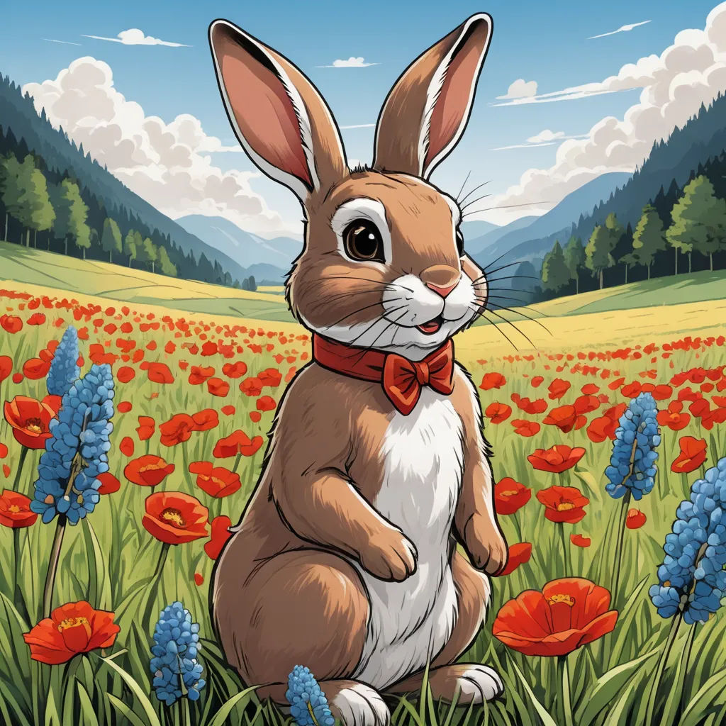 a rabbit sitting in a field of flowers with a red bow tie on it's neck and a mountain in the background, furry art, a storybook illustration, Chris LaBrooy, rossdraws global illumination