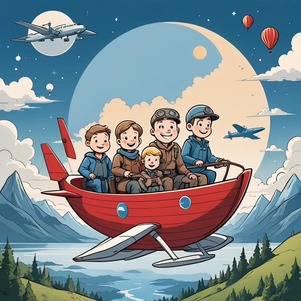 a group of people riding on the back of a boat in the sky with a plane flying above them, retrofuturism, a storybook illustration, Aaron Jasinski, comic cover art