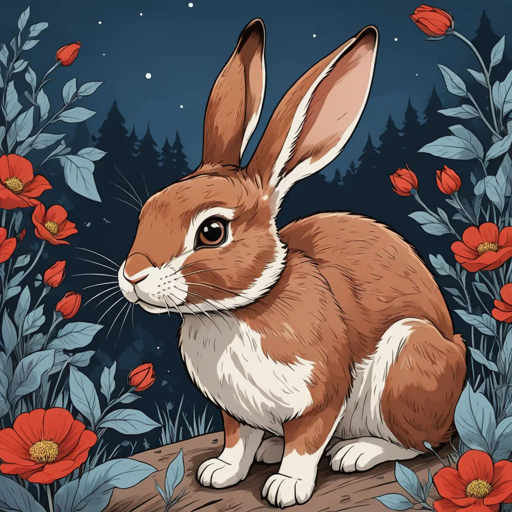a rabbit sitting on a log in a field of flowers and leaves with a full moon in the background, furry art, a storybook illustration, Dan Mumford, leesha hannigan