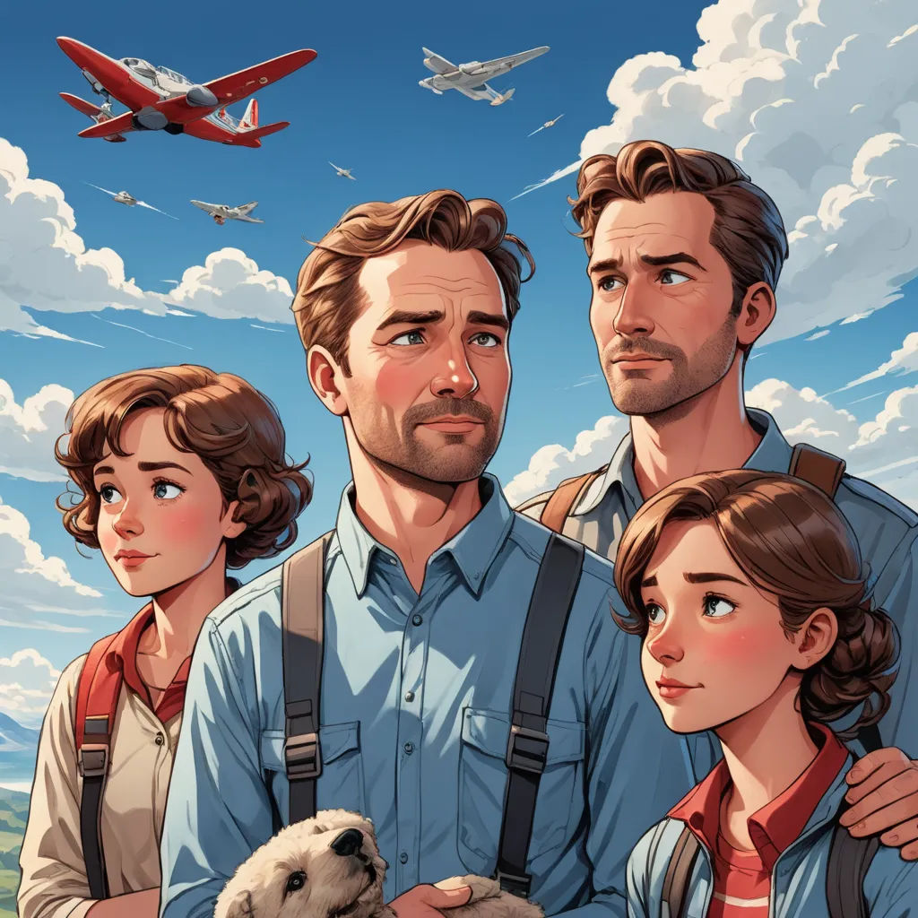 a man and two women standing next to a man with a sheep in front of them and a plane in the sky, serial art, poster art, Aaron Jasinski, official art