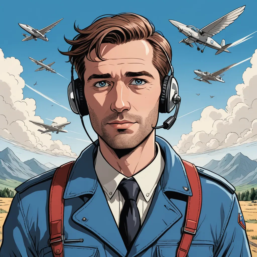 a man in a blue uniform with headphones on and a bunch of planes in the sky above him, serial art, a character portrait, Edward Otho Cresap Ord, II, character portrait