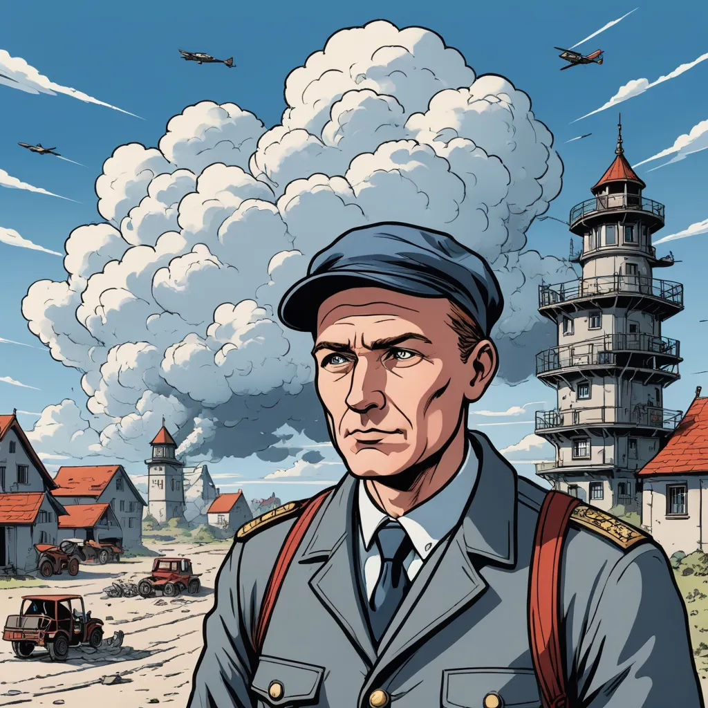 a man in a military uniform standing in front of a lighthouse and a plane in the sky with a smoke stack in the background, les automatistes, a character portrait, Artur Grottger, character portrait