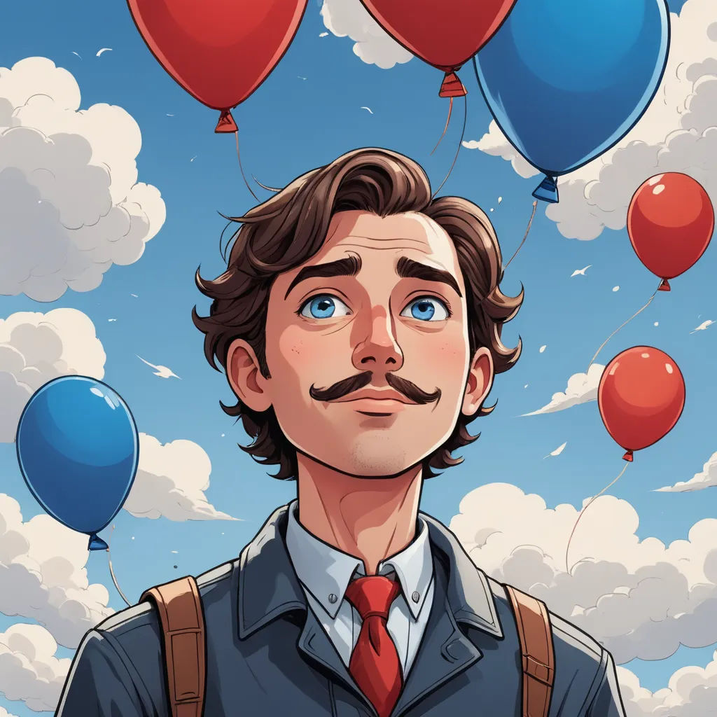 a man with a mustache and a red tie standing in front of balloons with a sky background with clouds, serial art, a character portrait, Diego Gisbert Llorens, comic cover art