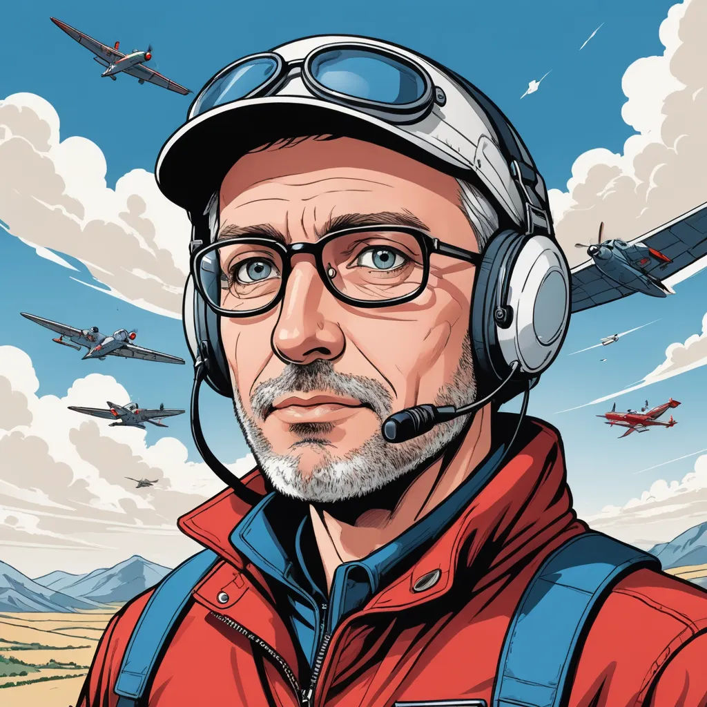 a man wearing a headset and a red jacket with a plane in the background and a sky full of planes, les automatistes, a character portrait, Asaf Hanuka, character portrait