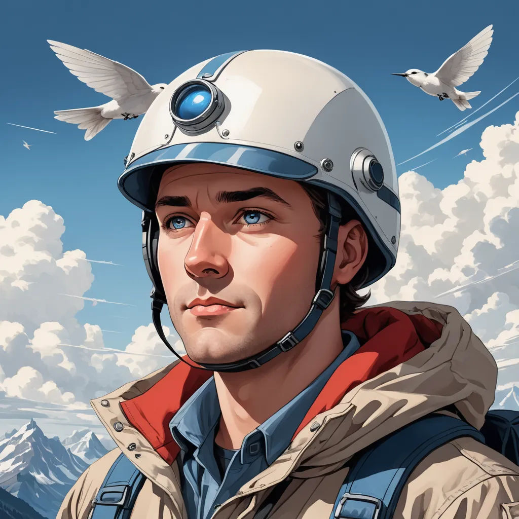 a man wearing a helmet with a bird flying above him and a bird flying above him on a sunny day, retrofuturism, a character portrait, Chris LaBrooy, highly detailed digital painting